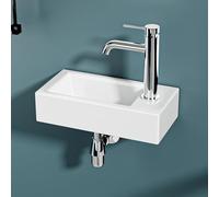 DILECI - Vasque Lave-Mains Compacte Sortie Droite 36,5x18x9 cm - Lavabo Rectangulaire en Céramique Blanche - Idéal Petits Espaces, Toilettes, WC et Coins Exigus - Installation Facile