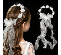 Dilightnews Accessoires Cheveux Fille Communion, Couronne de Cheveux | Avec Fleurs Blanches, Perles Et Rubans En Organza, Première Communion, Demoiselles d'Honneur, Mariages Et Festivals