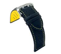 Diloy Bracelet cuir lisse perforé style rally racing - Couture et doublure colorées - Tailles 18mm 20mm 22mm 24mm - Noir avec rouge bleu jaune orange blanc - Design sportif 380 Negro y Amarillo -