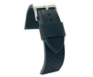 Diloy Bracelet cuir veau lisse perforé style rally racing - Vintage - Couture noire, blanche, rouge ou bleue - Tailles 20mm 22mm 24mm - Noir - Design sportif classique 398 Noir 24mm