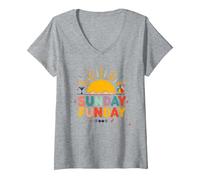 Dimanche Funday : Joyeuse Plage Plage Ambiance Estivale, T-Shirt avec Col en V, Femme, Gris Chiné, XL