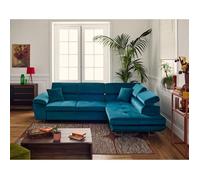 Dimas - canapé d'angle droit 5 places - convertible avec coffre et têtières réglables - en velours - Bleu