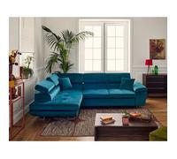 Dimas - canapé d'angle gauche 5 places - convertible avec coffre et têtières réglables - en velours - Bleu