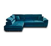 Best mobilier – Canapé d'angle gauche convertible Dimas velours bleu 5 places têtières réglables