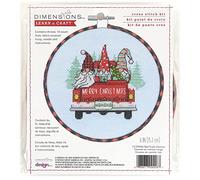 Dimensions Red Truck and Holiday Gnomes Kit de Broderie au Point de Croix compté de Noël, Tissu Bambou, 14 cnt. Aida Bleu Clair, 6" D, Set Pièces