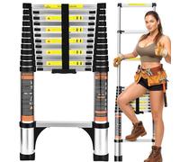 DIMKO Échelle télescopique Pliable de 3,7 m, échelle Extensible en Aluminium avec 2 Crochets Amovibles, échelle télescopique rétractable pour intérieur ou extérieur, échelle télescopique légère et