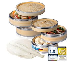 Dimono® cuiseur vapeur bambou avec inox, 2 étages de cuiseur vapeur avec couvercle, panier vapeur cuiseur à riz bambou pour Sim Sum Dumplings, légumes, riz, viande, poisson (Lot de 2)