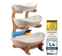 Dimono® Etagere Deluxe Support de Service ; 3 étages de Coupes de Service en céramique & Support en Bambou ; Coupes de Service pour Desserts, Fruits, légumes, sucreries etc. (Céramique)