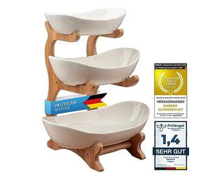 Dimono® Etagere Deluxe Support de Service ; 3 étages de Coupes de Service en céramique & Support en Bambou ; Coupes de Service pour Desserts, Fruits, légumes, sucreries etc. (Céramique)