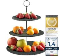 Dimono® Etagere premium support de service à 3 niveaux ; plateau de service en véritable pierre naturelle ardoise pour desserts, gâteaux, fromage, saucisses ; 3 niveaux