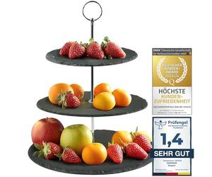 Dimono® Etagere premium support de service à 3 niveaux ; plateau de service en véritable pierre naturelle ardoise pour desserts, gâteaux, fromage, saucisses ; 3 niveaux