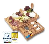 Dimono® Planche à Fromage en Bambou avec 3 Couteaux - Set Apéritif | Plateau 30x20 cm avec tiroir intégré, couteau, spatule, fourchette et marqueurs - idée cadeau raffinée