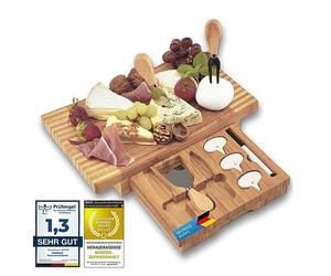 Dimono® Planche à Fromage en Bambou avec 3 Couteaux - Set Apéritif | Plateau 30x20 cm avec tiroir intégré, couteau, spatule, fourchette et marqueurs - idée cadeau raffinée
