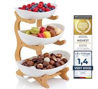 Dimono® Présentoir à Gâteaux 3 Étages - Coupes Céramique & Support Bambou | Étagère de service 3 niveaux | Plateaux ovales 28/23/21 cm | Desserts, fromages, fruits, apéritif
