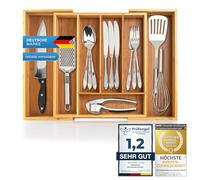 Dimono® Range-couverts en bois de bambou Tiroirs ; 7 à 9 compartiments Système de rangement Organisateur flexible Tiroir extensible pour cuisine, bureau (Extensible jusqu'à 45,5 cm)