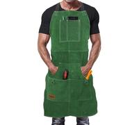 DIMWELD Tablier de fer à souder premium en cuir protecteur pour homme Tablier de forgeron thermique ignifuge pour soudure en atelier avec 6 poches pour outils, vert, Taille Unique