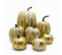 DimyFew 7 Pièces Citrouille Artificielle Peint à la Main Citrouille Décorative Rustique Décoration pour Halloween , Doré, Blanc , Ensemble De 7 Citrouilles Brossées Or Et Blanc
