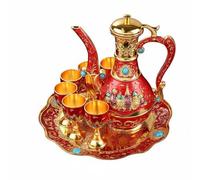 DimyFew Bronze Drinking Vessel Assortiment pour Alcool avec Carafe Décanteur Six Coupes Plateau Service Élégant en Alliage de Zinc Finitions Soignées Style, Gold Red