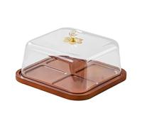 DimyFew Cake Stand Élégant Porte-gâteau avec Couvercle Plateau à Dessert Présentoir Pâtisserie Bois et TPE pour Goûter Fête Anniversaire Mariage Noël Club, Carré 26.5 X 14.5 Cm