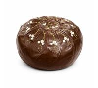 DimyFew Pouf Simili Cuir Brodé Tabouret Rembourré avec Couvercle Pouf Rangement Rond Fermeture Éclair Cousu, Marron Foncé, Broderie