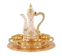 DimyFew Service à Vin Européen, Service à Thé Vintage avec Plateau et Tasses, Service à Vin Antique de Métal avec Pichet et Carafe, Idéal pour La Déco, Auréate Blanc