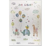 DinA Lot de 5 cartes de vœux de naissance avec enveloppe - Grande carte de qualité supérieure de Turnowsky avec joli parade d'animaux et ballons
