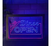 Diner Open LED Neon Sign, Restaurant Decor USB Night Lights Neon Lights avec cadre en bois, enseigne lumineuse à suspendre au mur, 42X32cm (Color : Blue Red)