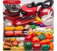 Dinette 73 Pièces avec Aliments Découpables - Jeu d’Imitation Cuisine Rouge, Développe Motricité Fine et Imagination, DINETTE