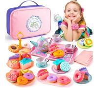 Dinette Enfant Services À Thé À Jouer Jouet De Simulation De Cuisine Avec Dessert,Beignet,Support À Gâteau,Nappe Et Mallette De Tr