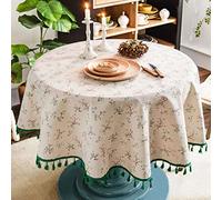 DINGC Nappe Ronde Lin Coton imprimé Fleuri, Nappe Table Ronde à Franges Lavable, Petite Nappe Ronde Anti Tache Décorer Utilisé de Table à Manger, Salon, Pique-Nique 150cm Round Tablecloth (Beige)