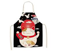 DingDinging Tablier À Bavette en Lin de Coton pour Hommes et Femmes, Taille : 65*75 cm, Style Japonais de Dessin Animé de Chat Chanceux, Lavable en Machine