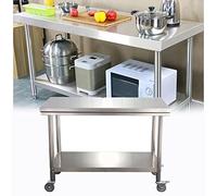 DINGFAN Table de Travail Cuisine avec Rangement, Table INOX 2 Couches, Table de Travail INOX, Desserte Cuisine avec 4 Roues, pour Cuisines, Bars, Robuste et Durable (Taille : 50x50x85cm)