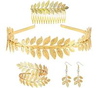 DINGFENG 4 Pièces Déesse Grecque Costume Bijoux Femme, Couronne de Laurier Déguisement Couronne de Laurier Boucles d'Oreilles Perle Peigne À Cheveux Latéral et Bracelet Bras pour Mariage Bijoux Femme