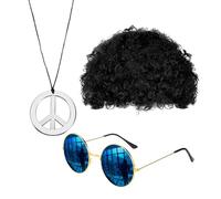 Dinghaole 3 Pièces Ensemble de Costume Hippie, Perruque Afro Funky, Collier Signe de Paix, Hippie Accessoires Homme, Accessoires de déguisement hippie disco des années 70/80