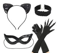 Dinghaole 4 PCS Accessoires De Vêtements Catwoman Pour Adulte - Bandeau Oreilles De Chat Brillantes, Masque, Collier, Gants Griffe De Chat | Convient Pour Halloween, Fête De Maquillage, Cosplay Et