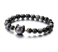 dinghaole Bracelet en Perles de Chat, Hematite & Cat Head Carving, Bracelet Extensible en Obsidienne Noire pour Attirer la Chance et L'argent Bijoux Chat pour Femmes et Hommes