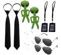 Dinghaole Tenue d'agent 10 pièces avec extraterrestre vert gonflable, cravate noire, lunettes de soleil, écouteurs et porte-carte d'identité - Convient pour les hommes et les femmes costumes