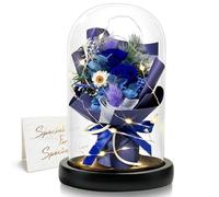 DINGHENG Cadeau pour femme - Rose éternelle dans un verre avec LED - Bouquet de roses bleues - Décoration de la maison - Véritables fleurs durables pour maman, petite amie, épouse, grand-mère (bleu)