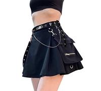 DINGJIUYAN Jupe Mini Noire à Imprimé Punk avec Chaîne et Ceinture Pliée, L