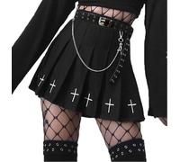 DINGJIUYAN Jupe Mini Punk à Impression Croisée avec Chaîne et Ceinture Noire - Jupe Plissé Uniforme, S