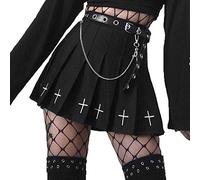DINGJIUYAN Jupe plissée noire avec ceinture et motif croix punk - Noir - Medium