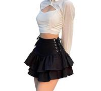 DINGJIUYAN Jupe plissée noire esthétique gothique à volants vintage - Mini jupes à ourlet - Vêtements de rue taille haute - Bandage à œillets - Tenues d'été, 5 - Noir, L
