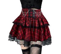 DINGJIUYAN Mini jupe à 2 couches avec chaînes gothiques Y2k plissées à volants Steampunk Ourlet en dentelle avant Bandage Jupe courte, Rouge à carreaux, L