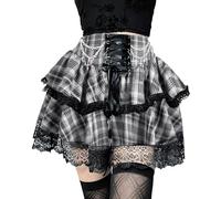DINGJIUYAN Mini jupe à 2 couches avec chaînes gothiques Y2k plissées à volants Steampunk Ourlet en dentelle avant Bandage Jupe courte, Motif à carreaux Noir, XXL