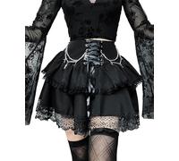 DINGJIUYAN Mini jupe à 2 couches avec chaînes gothiques Y2k plissées à volants Steampunk Ourlet en dentelle avant Bandage Jupe courte, Noir , S