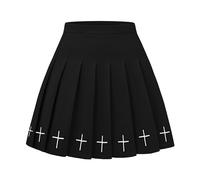 DINGJIUYAN Mini jupe plissée style gothique punk noir avec broderie croisée pour femme, Noir , M