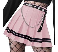 DINGJIUYAN Mini jupes foncées avec chaîne et ceinture plissée noire, Rose à 2 rayures avec ceinture en chaîne, L