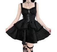 DINGJIUYAN Robe Gothique A-Ligne avec Ourlet Plissé et Volant pour Femme - Harajuku Été Lolita avec Dentelle - Robes Y2K Rétro Grunge pour Dames, 2-Noir, M