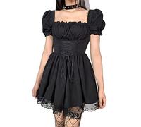 DINGJIUYAN Robe gothique gothique Lolita noire à manches bouffantes taille haute mini vintage avec bordure en dentelle, V-black, XL