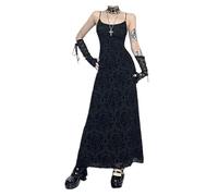 DINGJIUYAN Robe longue pour femme - Style vintage - Bretelles spaghetti - Robe longue moulante sans manches - Robe à motifs gothiques pour fête, boîte de nuit, Noir , S